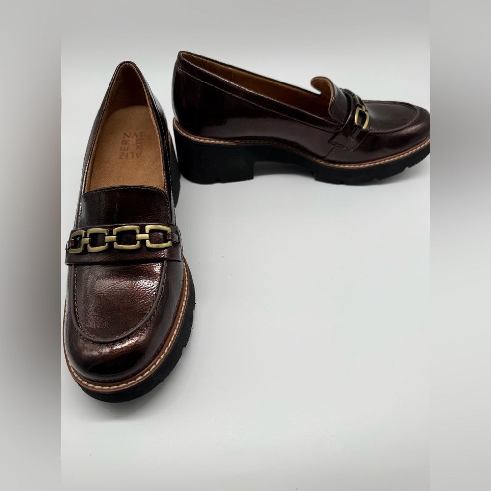 Naturalizer Women's Shiny Brown Loafers with Gold Accent and chunky heel - Picture 6 of 9